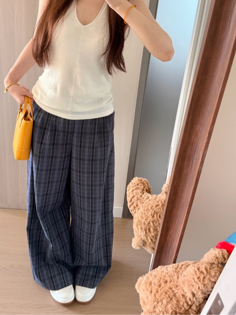 Navy Plaid Wide-Leg Pants